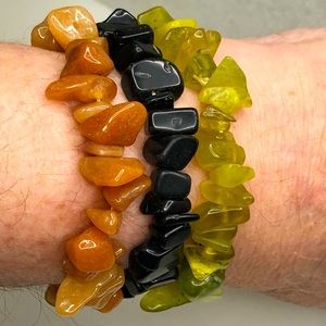 Baltic Amber Black Amber And peridot Set of Three Stretch Bracelets
